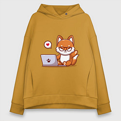 Толстовка оверсайз женская Cute fox and laptop, цвет: горчичный