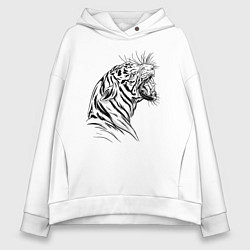 Толстовка оверсайз женская Чёрно белый рисунок тигра, цвет: белый