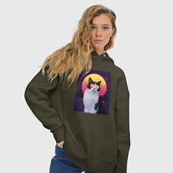 Толстовка оверсайз женская Synthwave cat, цвет: хаки — фото 2