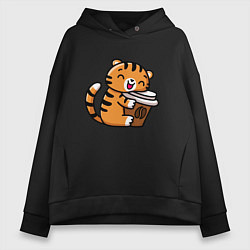 Толстовка оверсайз женская Тигренок и кофе, цвет: черный