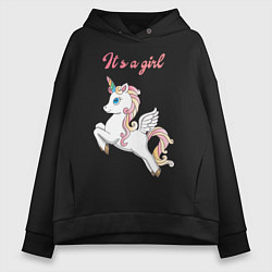 Толстовка оверсайз женская Единорог надпись its a girl, цвет: черный