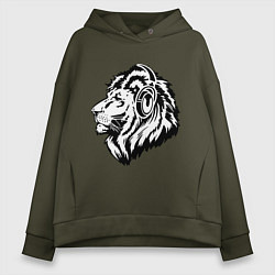 Толстовка оверсайз женская Лев в наушниках, цвет: хаки