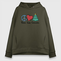 Толстовка оверсайз женская Peace Love and Christmas, цвет: хаки