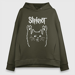 Толстовка оверсайз женская Slipknot, Слипкнот Рок кот, цвет: хаки