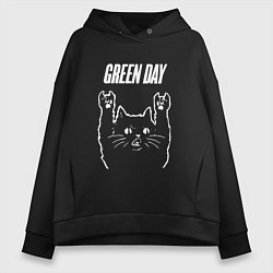 Толстовка оверсайз женская Green Day Рок кот, цвет: черный