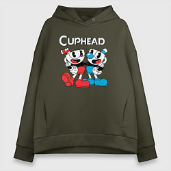 Толстовка оверсайз женская Cuphead Чашечки, цвет: хаки