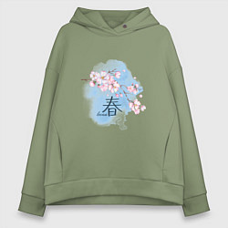 Толстовка оверсайз женская Японский иероглиф весна сакура, цвет: авокадо