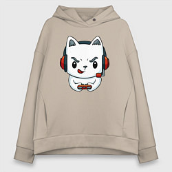 Толстовка оверсайз женская Кот игроман The cat is a gambler, цвет: миндальный