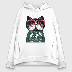 Толстовка оверсайз женская Умный кот в очках в новогоднем свитере, цвет: белый