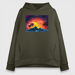 Толстовка оверсайз женская Пляж и пальмы абстрактный ретро дизайн, цвет: хаки