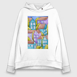 Толстовка оверсайз женская Пейзаж с домиками, акварель, цвет: белый