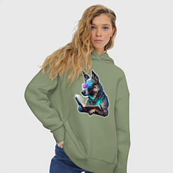 Толстовка оверсайз женская Киберпанк собака с книгой, цвет: авокадо — фото 2