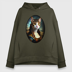 Толстовка оверсайз женская Леди кошка - нейросеть - портрет, цвет: хаки