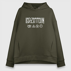 Толстовка оверсайз женская Led Zeppelin символы, цвет: хаки