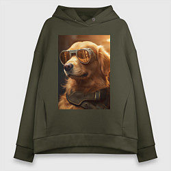 Толстовка оверсайз женская Золотистый ретривер в золотых очках, цвет: хаки