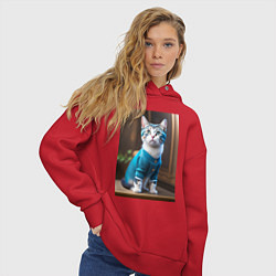 Толстовка оверсайз женская Кот в голубом костюме, цвет: красный — фото 2