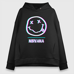 Толстовка оверсайз женская Nirvana glitch rock, цвет: черный
