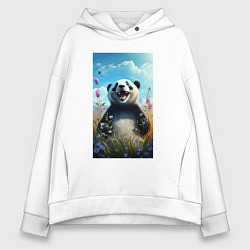 Толстовка оверсайз женская Довольная панда на природе, цвет: белый