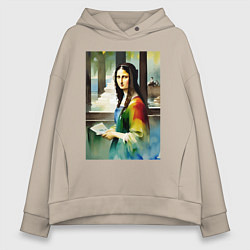 Толстовка оверсайз женская Мона Лиза в библиотеке - нейросеть - акварель, цвет: миндальный