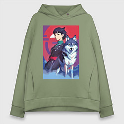 Толстовка оверсайз женская Девочка со своим другом волком - аниме, цвет: авокадо