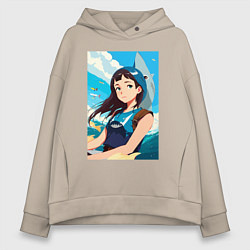 Толстовка оверсайз женская Девочка и океан, цвет: миндальный