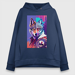 Толстовка оверсайз женская Стилизованный волк - поп-арт, цвет: тёмно-синий