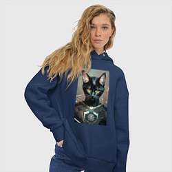 Толстовка оверсайз женская Крутой котяра - киберпанк, цвет: тёмно-синий — фото 2