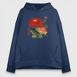 Толстовка оверсайз женская Красные хризантемы, цвет: тёмно-синий