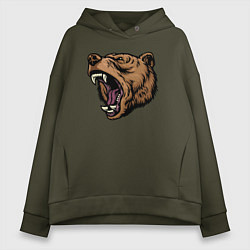 Толстовка оверсайз женская Медведь злится, цвет: хаки