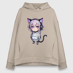 Толстовка оверсайз женская Чиби кошкодевочка в наушниках, цвет: миндальный