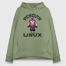 Толстовка оверсайз женская Система линукс пингвин в кимоно, цвет: авокадо