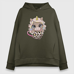 Толстовка оверсайз женская Малыш единорог в чашке, цвет: хаки