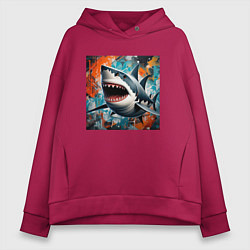 Толстовка оверсайз женская Зубастая акула, цвет: маджента