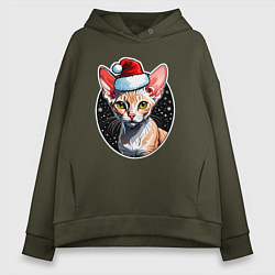 Толстовка оверсайз женская Кот породы Девон-рекс в новогодней шапке, цвет: хаки