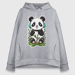 Толстовка оверсайз женская Медвежонок панды в наушниках, цвет: меланж