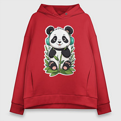 Толстовка оверсайз женская Медвежонок панды в наушниках, цвет: красный