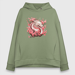 Толстовка оверсайз женская Драконы и сакура, цвет: авокадо