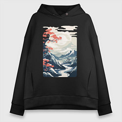 Толстовка оверсайз женская Горный пейзаж в японском стиле, цвет: черный
