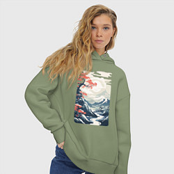 Толстовка оверсайз женская Горный пейзаж в японском стиле, цвет: авокадо — фото 2