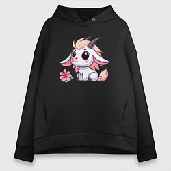 Толстовка оверсайз женская Козерог с цветком, цвет: черный