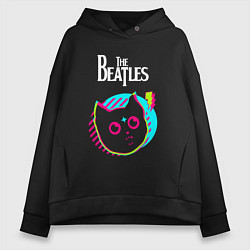 Толстовка оверсайз женская The Beatles rock star cat, цвет: черный