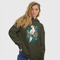 Толстовка оверсайз женская Попугай какаду и тропические листья, цвет: хаки — фото 2