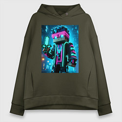 Толстовка оверсайз женская Minecraft - neon character ai art, цвет: хаки