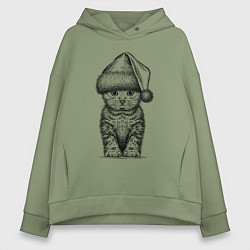 Толстовка оверсайз женская Новогодний котенок анфас, цвет: авокадо