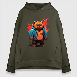 Толстовка оверсайз женская Брутальный Михаил - сердитый мишка, цвет: хаки