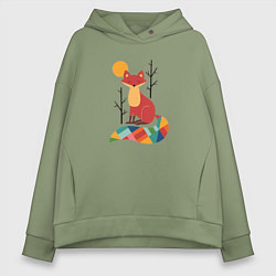 Толстовка оверсайз женская Лиса под солнцем между деревьями, цвет: авокадо