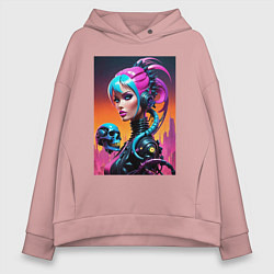 Толстовка оверсайз женская Девушка в стиле киберпанк с черепом - нейросеть, цвет: пыльно-розовый