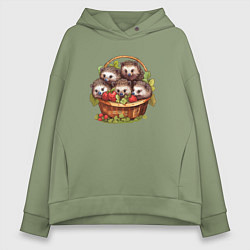 Толстовка оверсайз женская Ёжики в корзине, цвет: авокадо