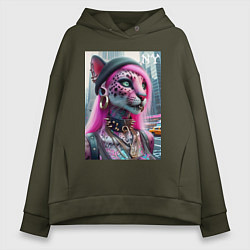 Толстовка оверсайз женская Панк девушка-леопард в татухах в Нью-Йорке, цвет: хаки