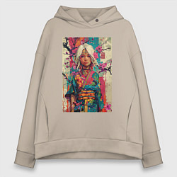 Толстовка оверсайз женская Белокурая индейская девушка в японском кимоно - жи, цвет: миндальный